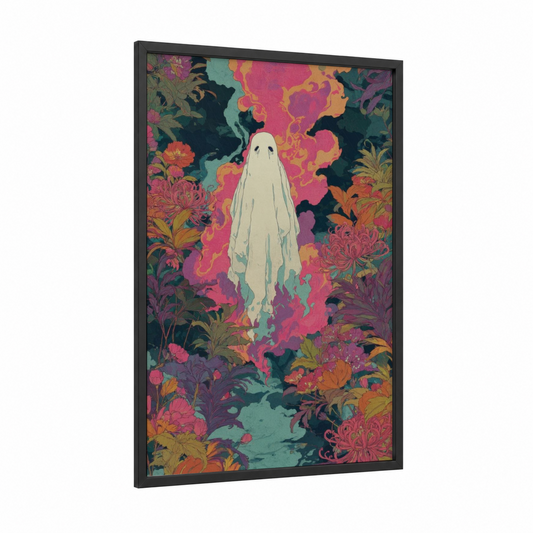 Spectral Garden Ghost framed art print — black wood frame — magenta and gold palette