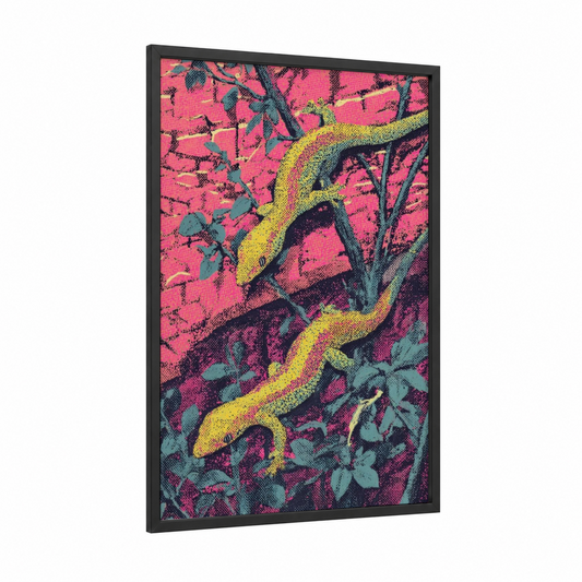 Neon Lizard framed art print — black wood frame — magenta and yellow gold palette