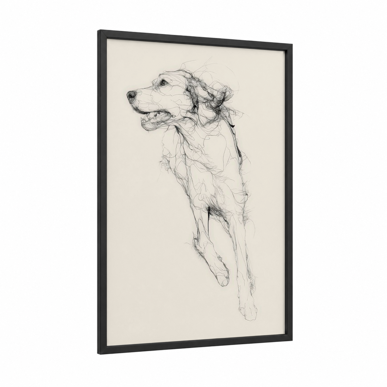 Leaping Setter framed art print — black wood frame — black and white and cream palette