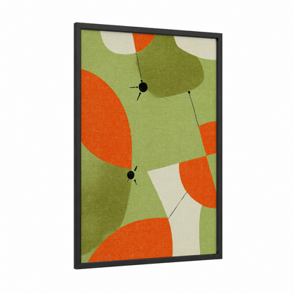 Geometric Harvest framed abstract geometric print — black wood frame — orange and green palette