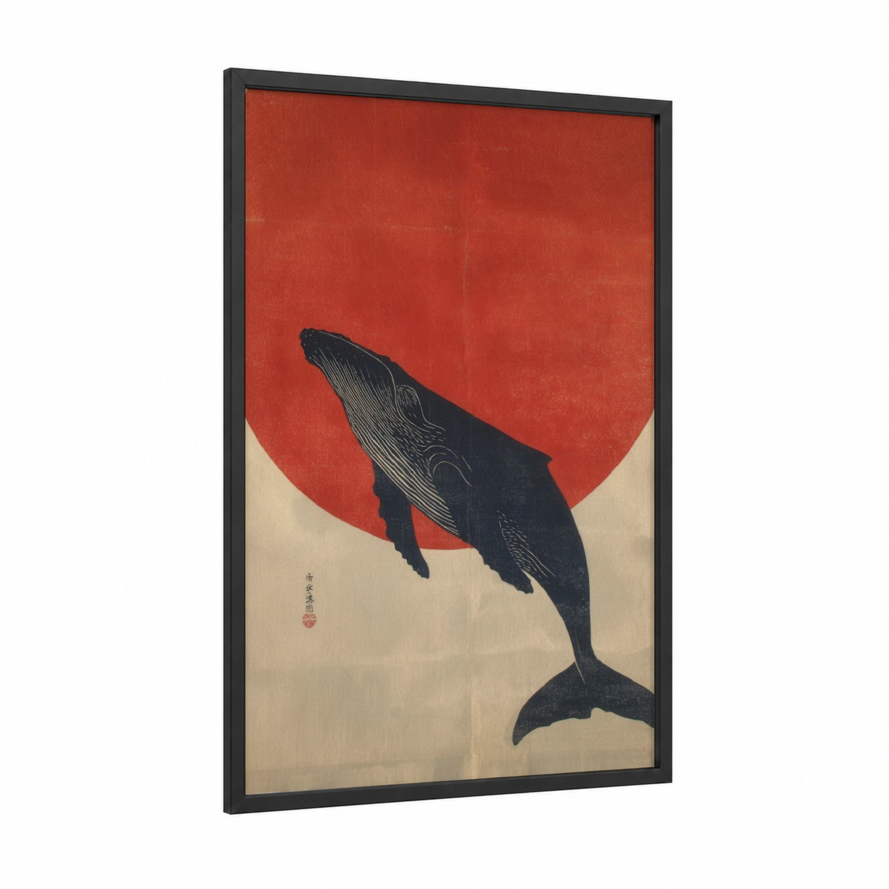 Rising Sun Whale framed humpback whale print — black wood frame — red and black and white palette