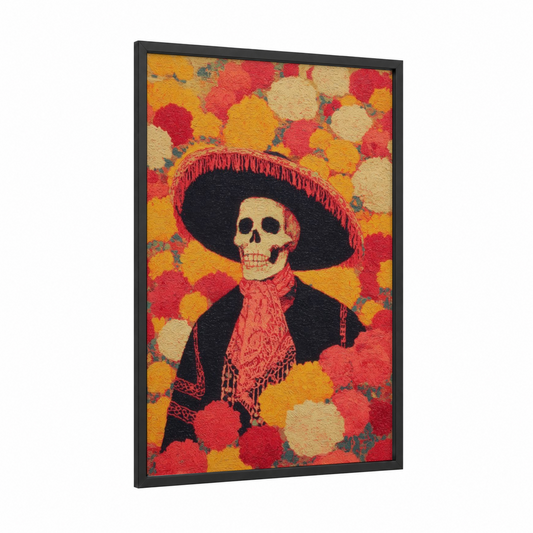 Festive Skeleton Portrait framed dia de los muertos print — black wood frame — red and yellow gold palette