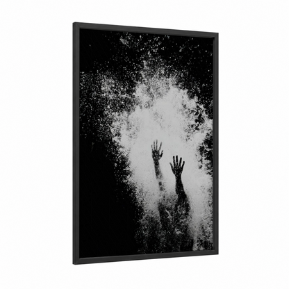 Upward Swimming framed art print — black wood frame — black and white and gray palette
