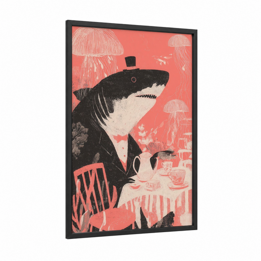 Dapper Shark framed basking shark print — black wood frame — black and white and salmon pink palette