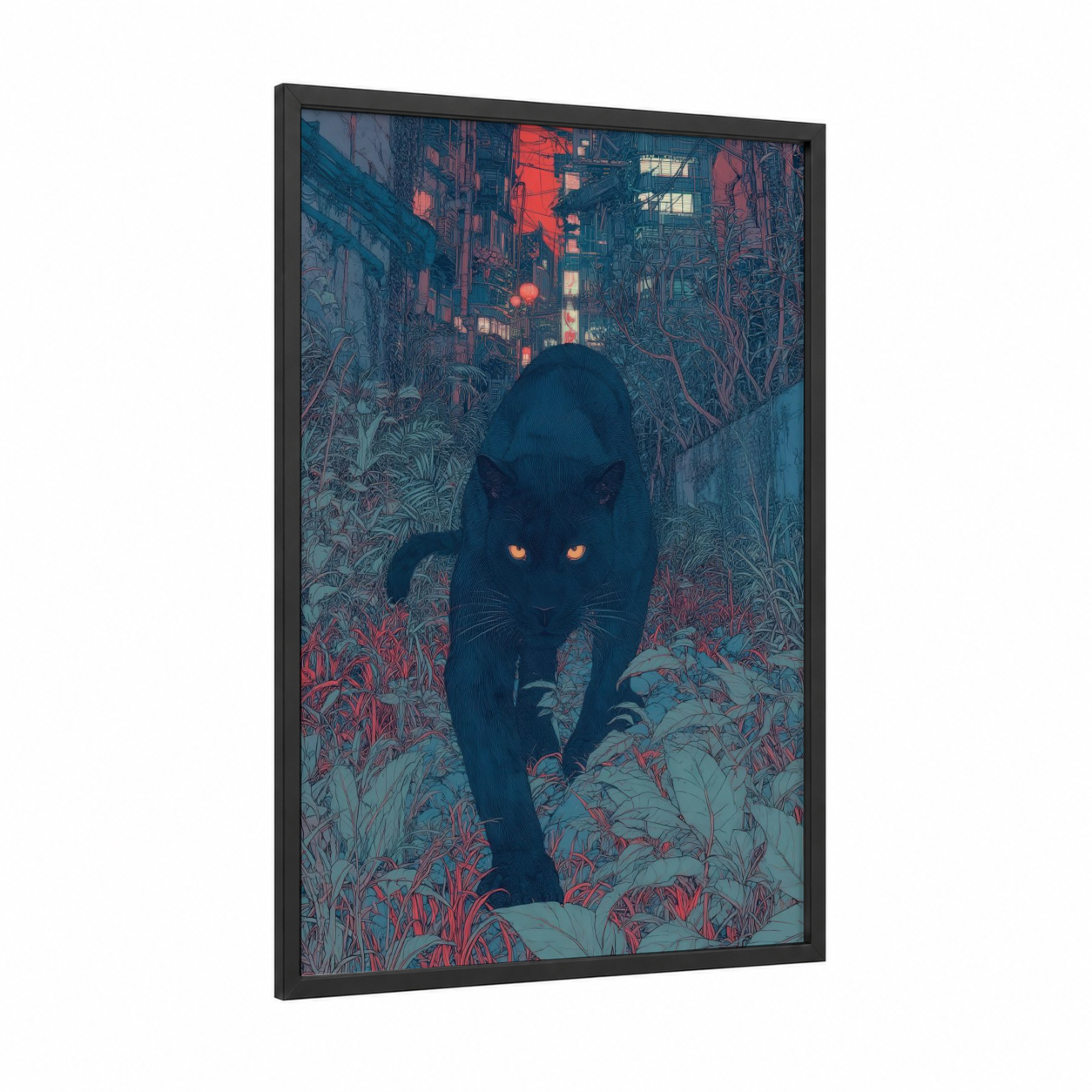 Neon Panther framed art print — black wood frame — blue and red palette