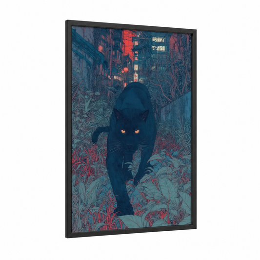 Neon Panther framed art print — black wood frame — blue and red palette