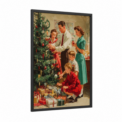 Vintage Family Christmas framed art print — black wood frame — red and green palette