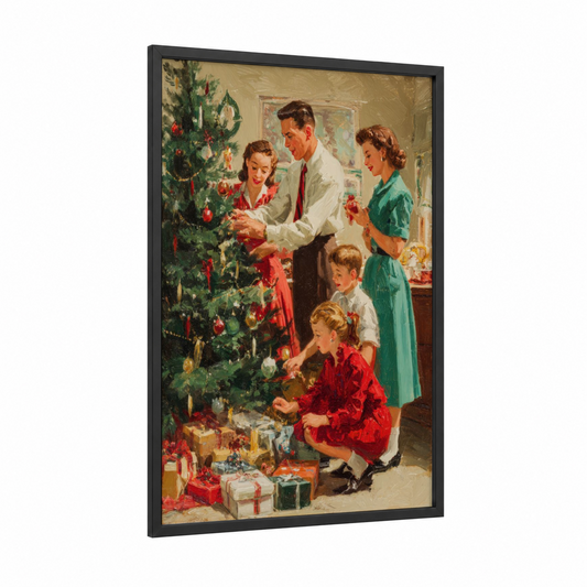 Vintage Family Christmas framed art print — black wood frame — red and green palette