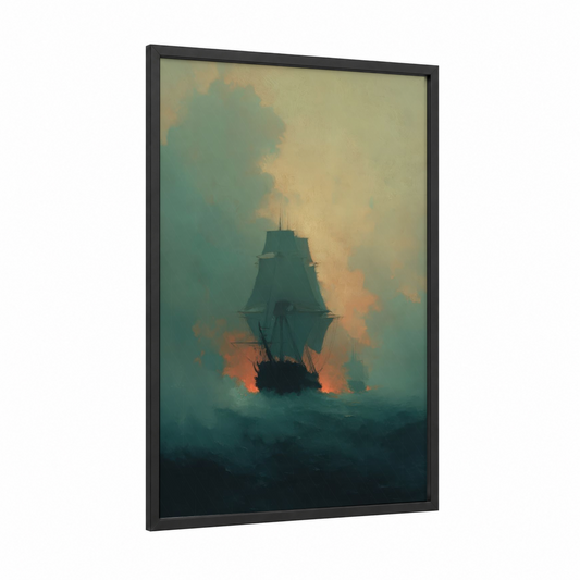 Misty Galleon framed old ships print — black wood frame — teal and gold palette