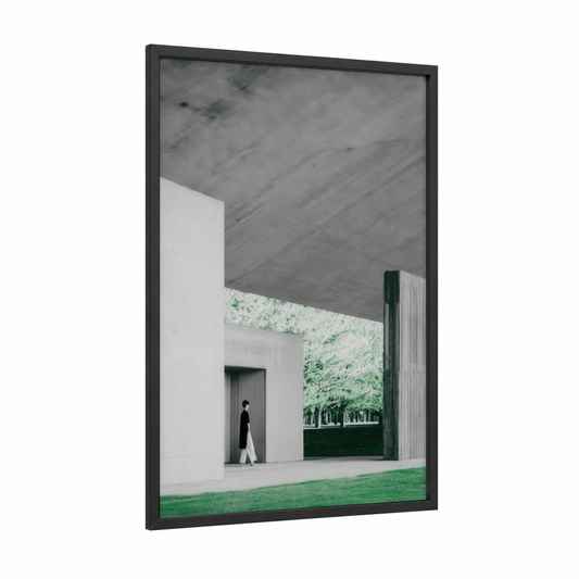 Minimalist Concrete framed abstract architecture print — black wood frame — gray and light green palette