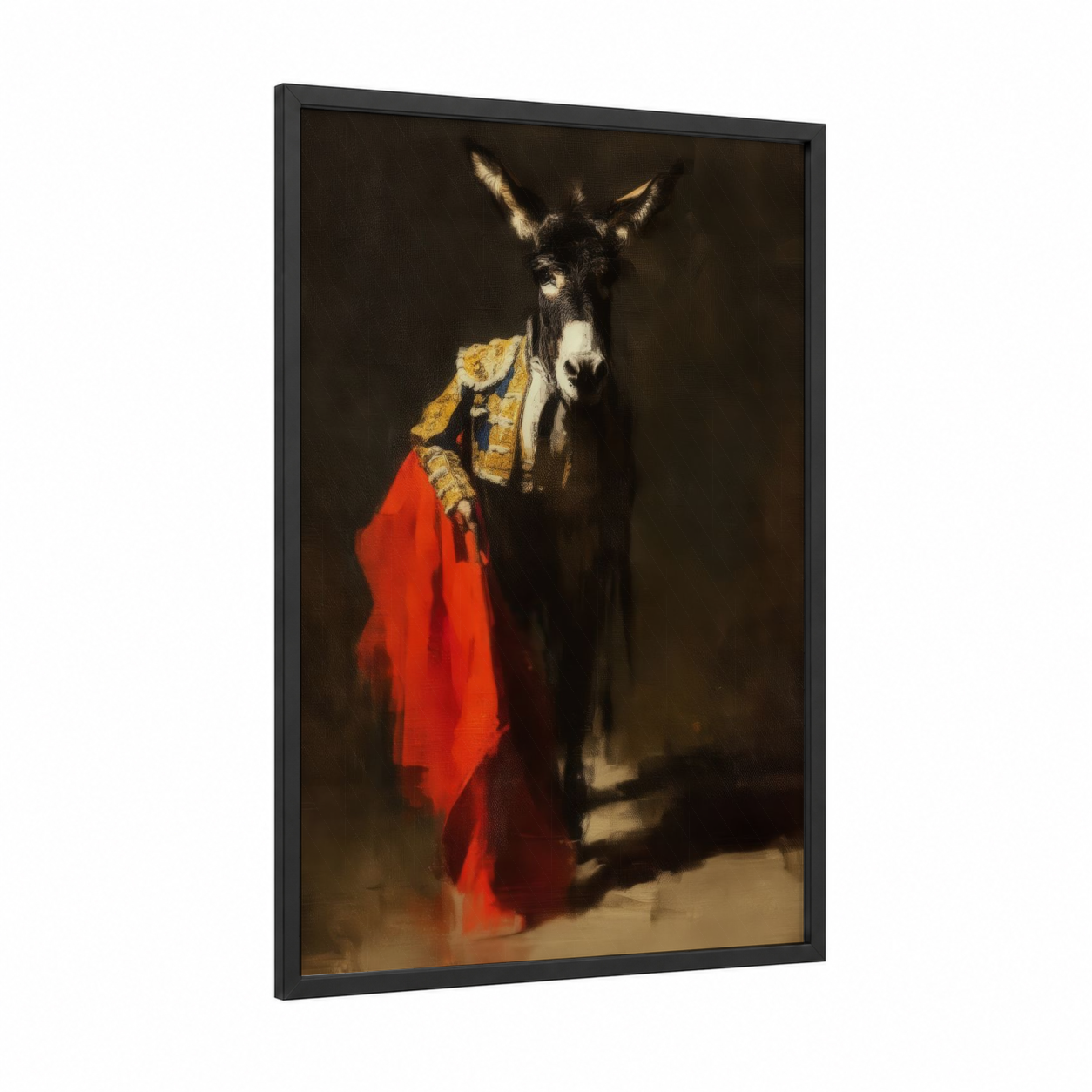 Royal Donkey framed art print — black wood frame — red and gold palette