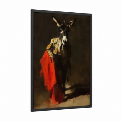 Royal Donkey framed art print — black wood frame — red and gold palette