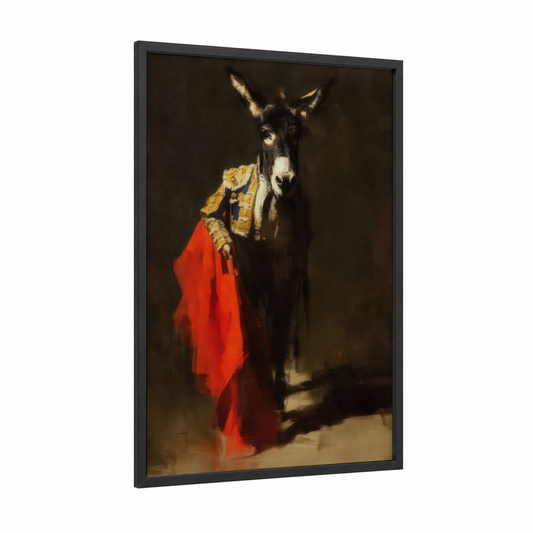 Royal Donkey framed art print — black wood frame — red and gold palette