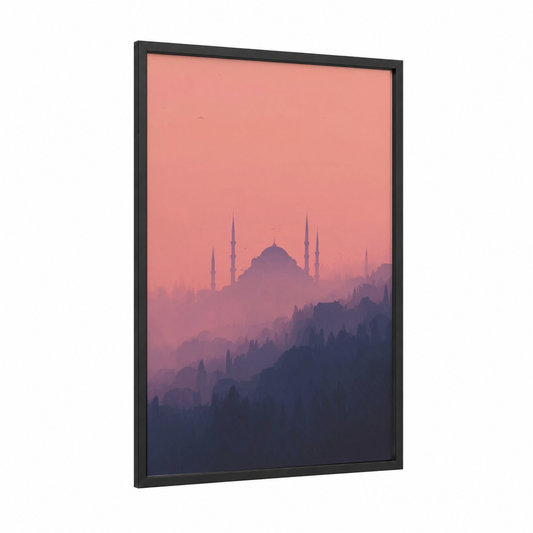Misty Mosque Sunrise framed art print — black wood frame — salmon pink and purple palette