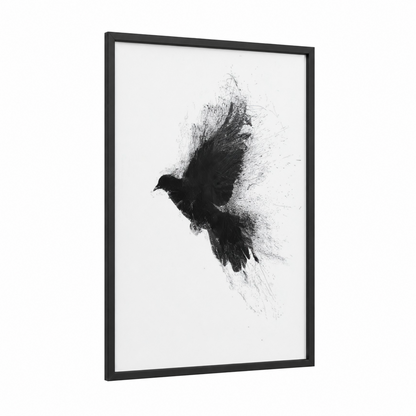 Dispersing Dove framed art print — black wood frame — black and white palette