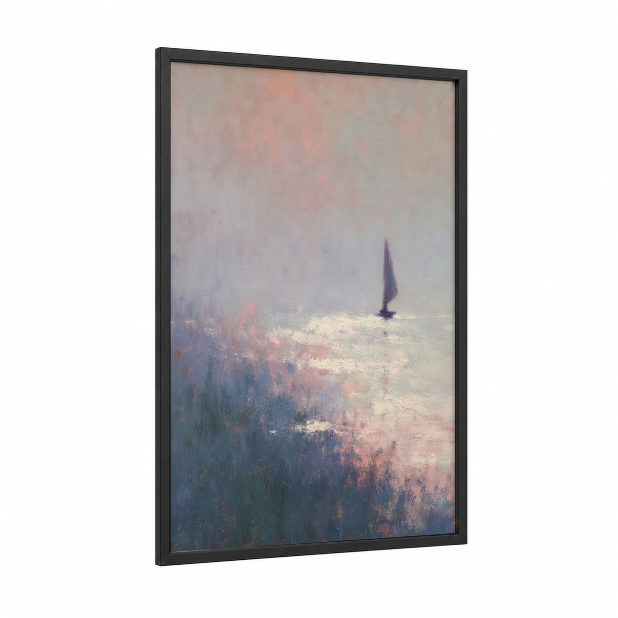Misty Windsurfing framed art print — black wood frame — peach and blue and white palette