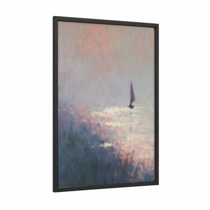 Misty Windsurfing framed art print — black wood frame — peach and blue and white palette