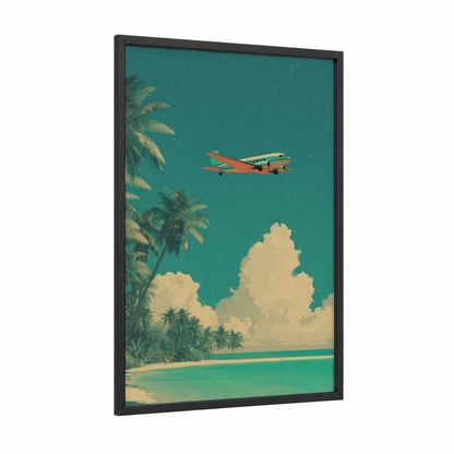 Tropical Getaway framed commercial plane print — black wood frame — teal and cream palette