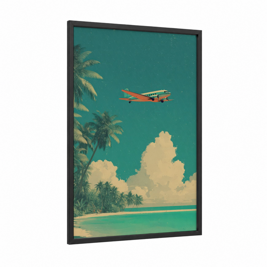 Tropical Getaway framed commercial plane print — black wood frame — teal and cream palette
