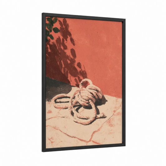 Desert Rope Study framed rope knots print — black wood frame — red and beige palette