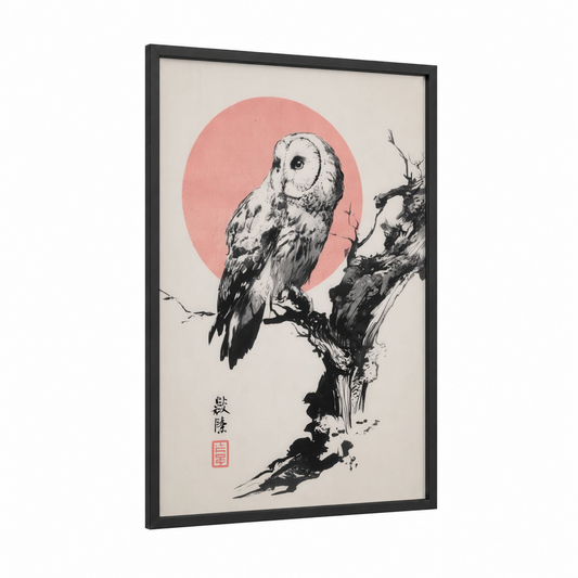 Barn Owl Moonrise framed art print — black wood frame — black and white and salmon pink palette