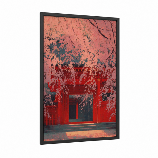 Crimson Gateway framed art print — black wood frame — salmon pink and red palette