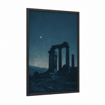 Moonlit Columns framed art print — black wood frame — dark blue and black palette