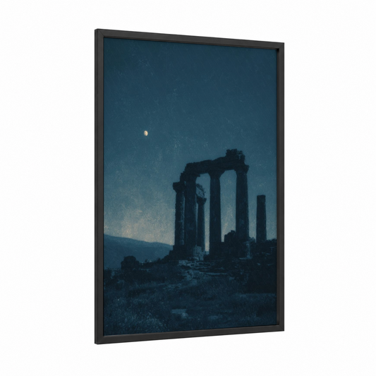 Moonlit Columns framed art print — black wood frame — dark blue and black palette