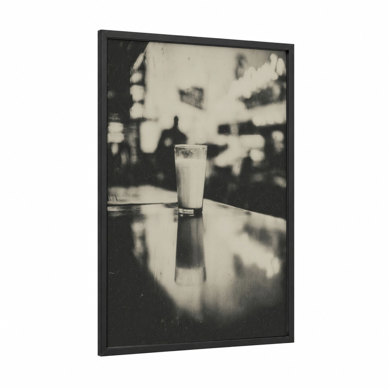 Nostalgic Milk Glass framed art print — black wood frame — black and white palette