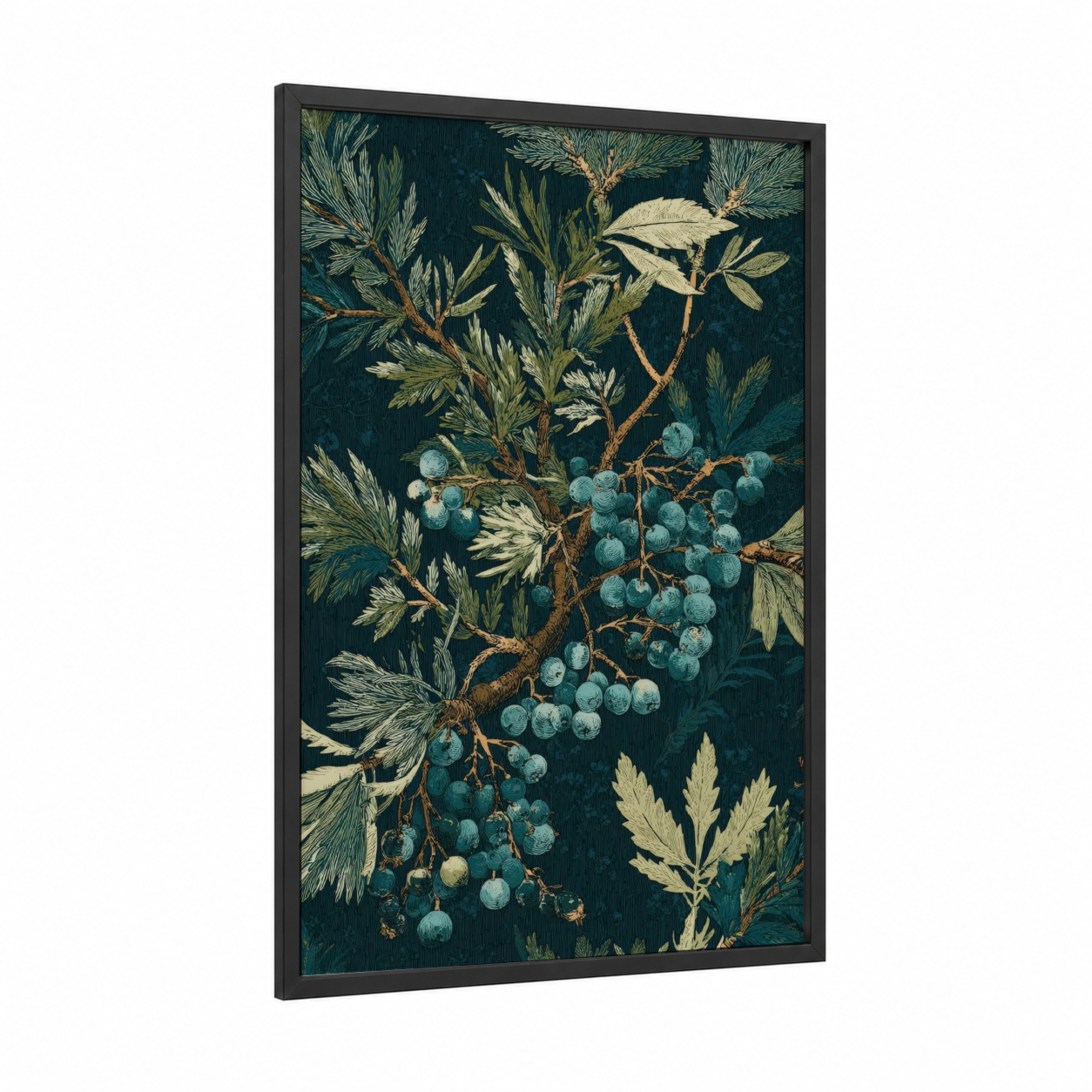 Juniper Berries framed juniper tree print — black wood frame — teal and cream palette