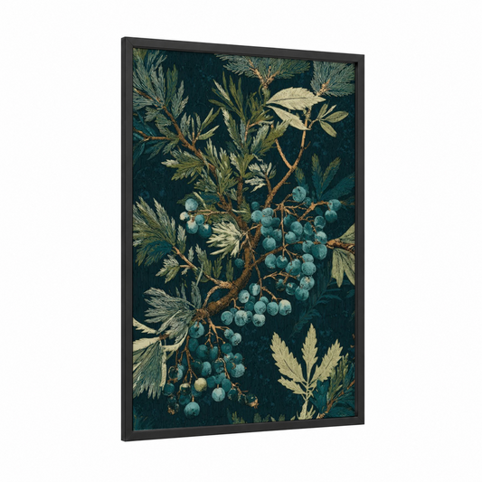 Juniper Berries framed juniper tree print — black wood frame — teal and cream palette