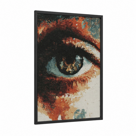 Geometric Eye framed abstract classic print — black wood frame — russet and teal palette