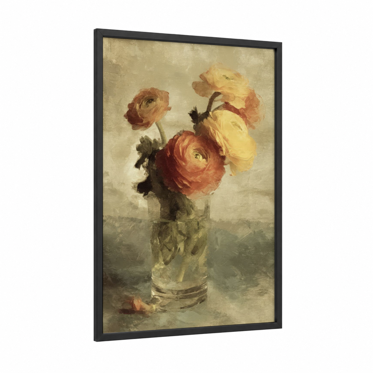 Vintage Ranunculus framed art print — black wood frame — cream and russet palette