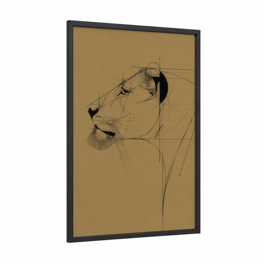 Geometric Lion framed art print — black wood frame — beige and black palette