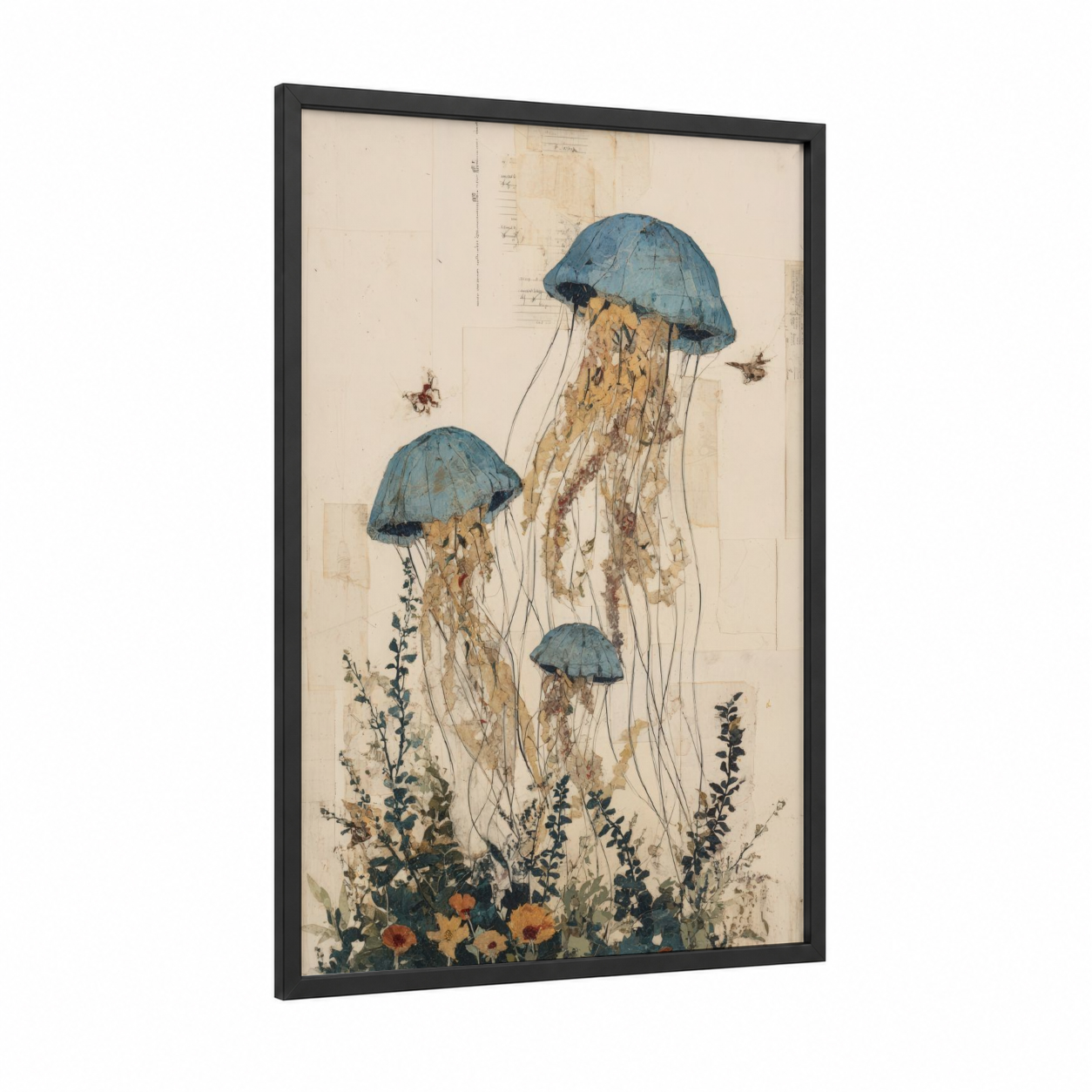 Ethereal Jellyfish framed art print — black wood frame — blue and cream palette