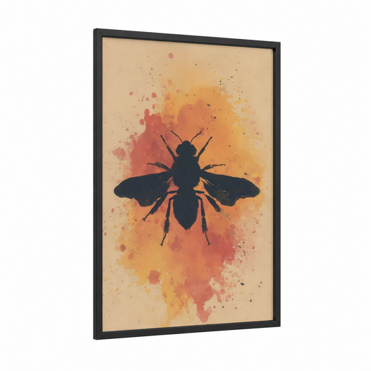 Golden Bee Silhouette framed art print — black wood frame — gold and orange palette