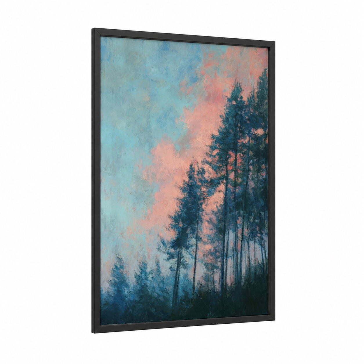 Sunrise Pine Forest framed art print — black wood frame — blue and salmon pink palette