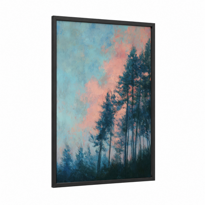 Sunrise Pine Forest framed art print — black wood frame — blue and salmon pink palette
