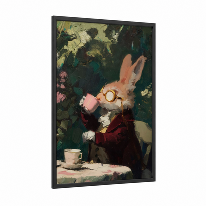 Scholarly Rabbit framed art print — black wood frame — dark green and peach palette