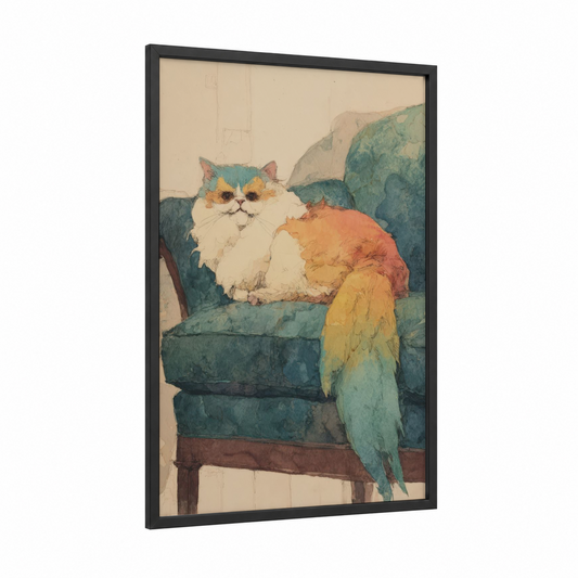 Colorful Lounging Cat framed art print — black wood frame — teal and cream palette