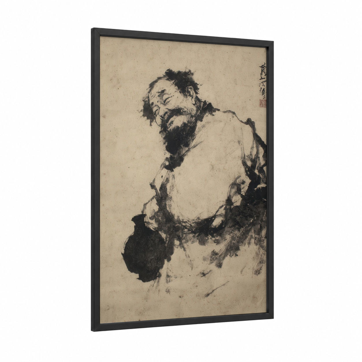Contemplative Warrior framed kung fu print — black wood frame — black and white and cream palette