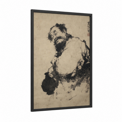 Contemplative Warrior framed kung fu print — black wood frame — black and white and cream palette