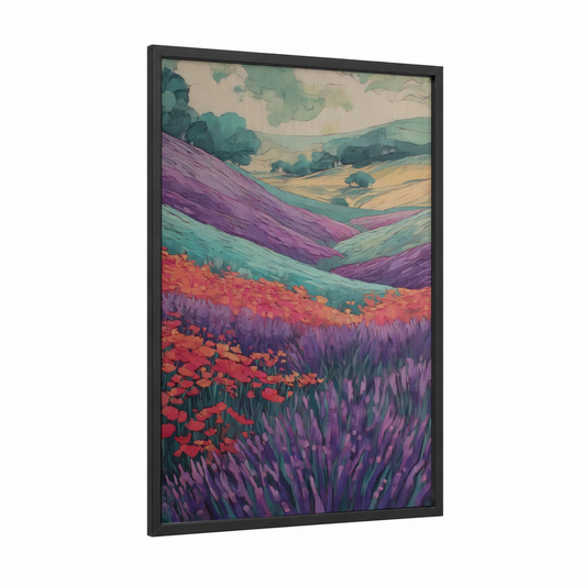 Lavender Valley Dreams framed lavender field print — black wood frame — magenta and sage green palette