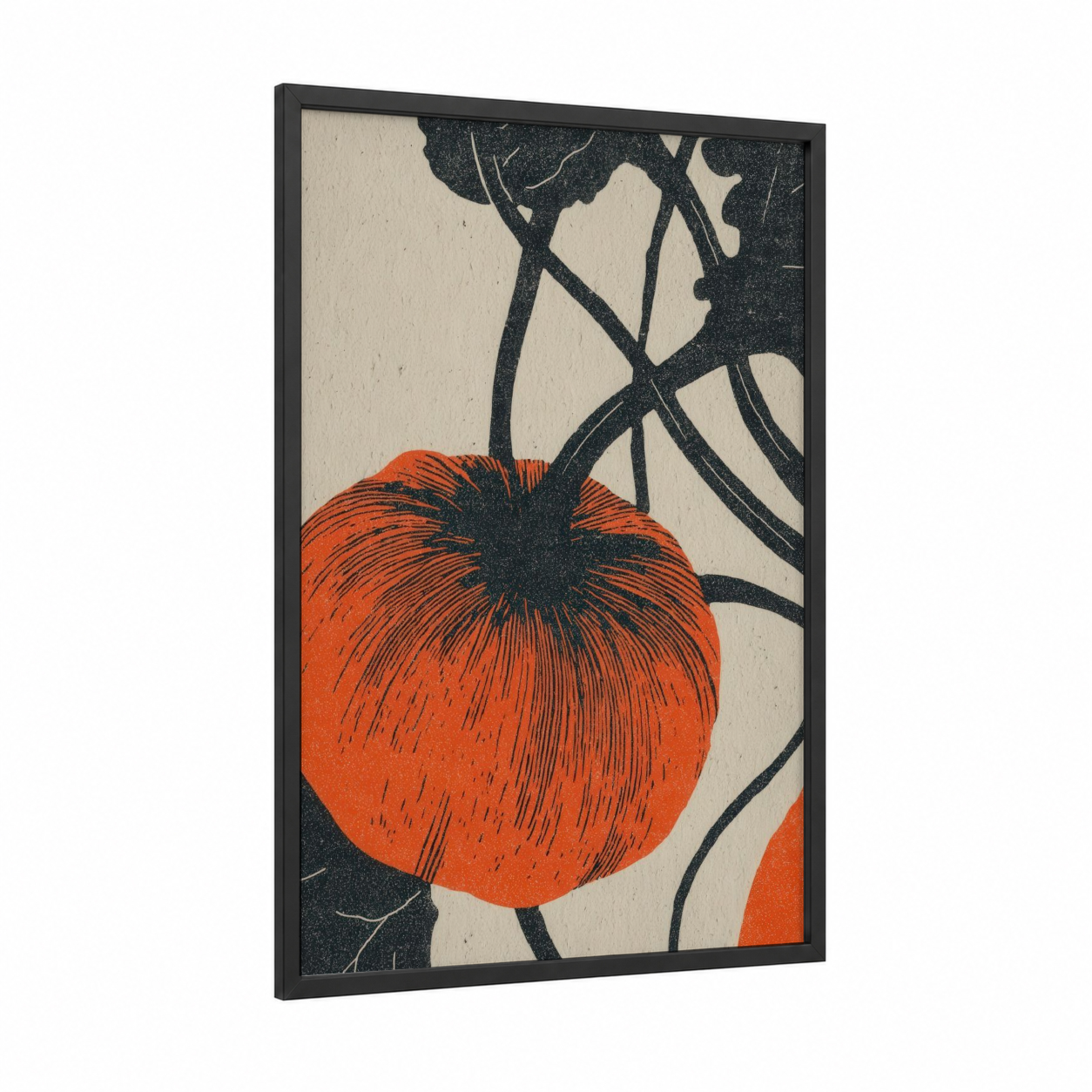 Heirloom Tomato Study framed fruit print — black wood frame — black and orange palette