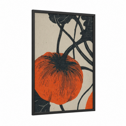Heirloom Tomato Study framed fruit print — black wood frame — black and orange palette