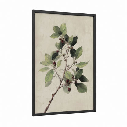 Burgundy Banyan Branch framed banyan tree print — black wood frame — light green and cream palette