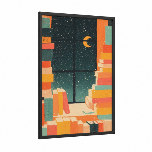 Midnight Library Window framed art print — black wood frame — orange and teal palette
