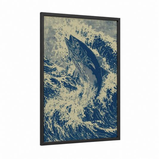 Leaping Tuna framed art print — black wood frame — blue and cream palette