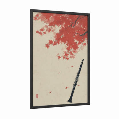 Autumn Clarinet framed art print — black wood frame — red and cream palette