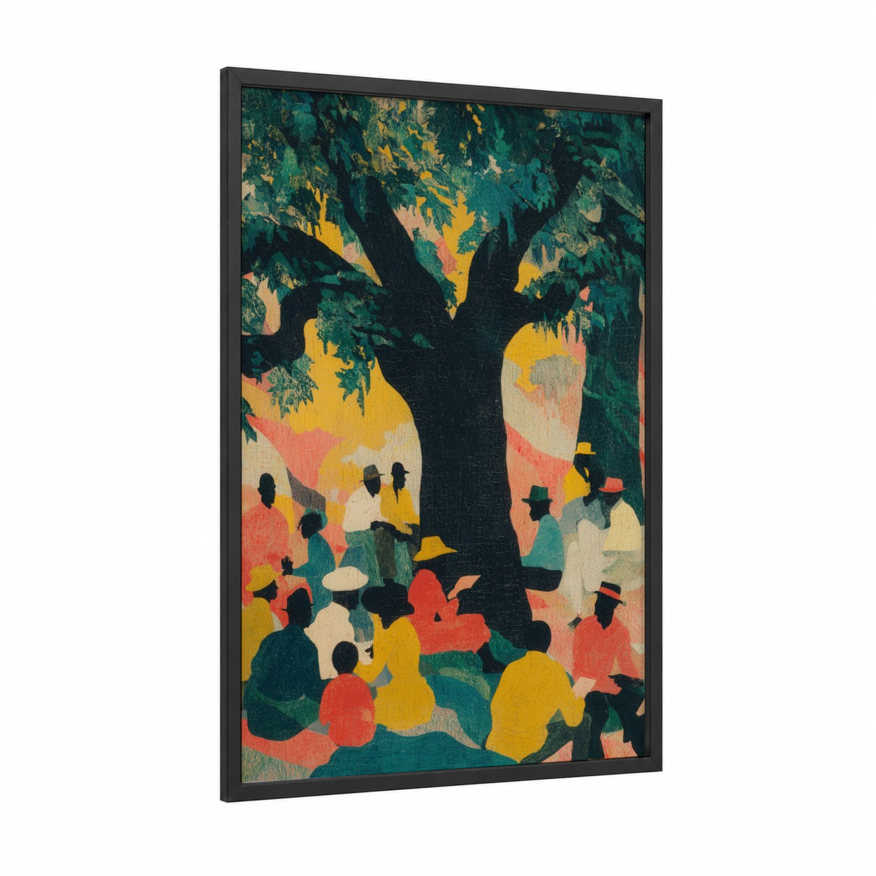 Juneteenth Gathering framed art print — black wood frame — teal and gold palette